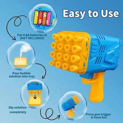 Blue & Yellow Bubble Gun for Kids – Battery Operated Outdoor Bubble Blower | Birthday & Party Fun (4 AA Batteries)