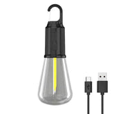 Rechargeable Hanging LED Bulb with Warm Light – USB-C Portable Cordless Lamp with Hook | Power Outage & Outdoor Emergency Light (Black Metal, Clear Glass)