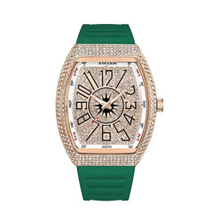 Men's Iced Out Diamond Luxury Fashion Watch – Full Rhinestone Tonneau Quartz Watch with Working Date & Premium Textured Strap | Hip Hop Bling Style (Green)