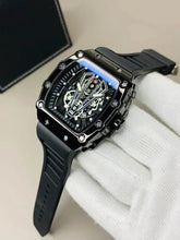 Richard Black Men's Skeleton Watch | Square Case Star Screws | Black Rubber Strap | Bold Sport Watch Pakistan