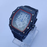 Men's Square Dial Sport Watch | Transparent Dial Red Accent | Black Rubber Strap | 38mm Quartz Watch Pakistan