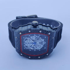 Men's Square Dial Sport Watch | Transparent Dial Red Accent | Black Rubber Strap | 38mm Quartz Watch Pakistan