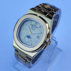 Men's Gold-Tone Watch | Moon Phase & Day-Date Display | Stainless Steel Band | Gift Box | Pakistan