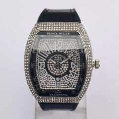 Men's Luxury Rectangular Watch | Crystal-Encrusted Roman Numeral Dial | Compass Bezel | Black Leather Strap | Gift Box Pakistan