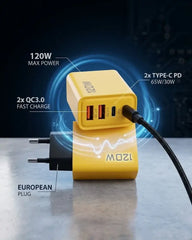 120W Fast Charging Travel Adapter with 4 USB Ports – GaN 5-in-1 USB-C Wall Charger | Compatible with iPhone, Samsung, Xiaomi & More (Yellow)