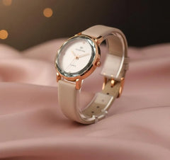 Luxury Ladies Watch | Rose Gold Square Dial | Off White Leather Strap | Women's Quartz Watch Pakistan