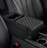 Car Armrest Cushion with Cup Holder – PU Leather Center Console Elbow Support Pad | Black