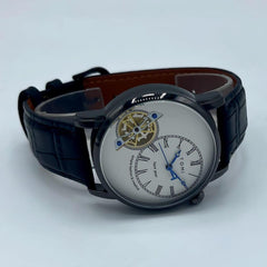 Men's Face Gear Watch | Off-White Roman Numeral Dial | Transparent Gear Mechanism | Black Leather Strap | Swiss-Inspired Pakistan