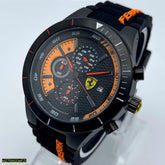 Men's Racing Sport Watch | Black & Orange Dial Multi Sub-Dials | 5 ATM Water Resistant | Rubber Strap Pakistan