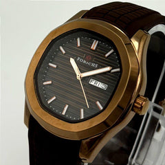 Men's Octagonal Watch | Dark Textured Dial Luminous Markers | Brown Rubber Strap | Date Display | Quartz Pakistan