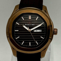 Men's Octagonal Watch | Dark Textured Dial Luminous Markers | Brown Rubber Strap | Date Display | Quartz Pakistan