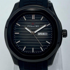 Men's Black Quartz Watch | Stainless Steel Case | Silver Markers Date Display | Black Rubber Strap | Gift Box Pakistan