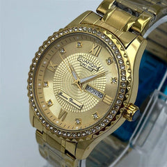 Men's Gold Quartz Watch – Crystal Bezel & Roman Numerals | Luxury Stainless Steel Timepiece 2026