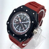 AULITERS Men's Sport Watch | Matte Black Case Star Screws | Red Rubber Strap | Day Date Month Display | Quartz Pakistan