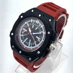 AULITERS Men's Sport Watch | Matte Black Case Star Screws | Red Rubber Strap | Day Date Month Display | Quartz Pakistan