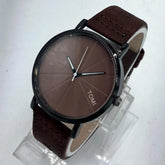 TOMI Minimalist Watch | Segmented Chocolate Brown Dial | Black Case | Faux Leather Strap | Unisex Quartz Pakistan