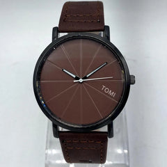 TOMI Minimalist Watch | Segmented Chocolate Brown Dial | Black Case | Faux Leather Strap | Unisex Quartz Pakistan