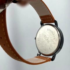 TOMI Minimalist Watch | Matte Black Case | Orange Dial | Tan Faux Leather Strap | Unisex Quartz Watch Pakistan