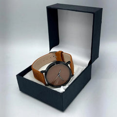 TOMI Minimalist Watch | Matte Black Case | Orange Dial | Tan Faux Leather Strap | Unisex Quartz Watch Pakistan