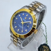 Men's Two-Tone Watch | Electric Blue Dial | Diamond Markers | Gold Bezel & Date Window | Stainless Steel Chain Pakistan