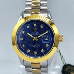 Men's Two-Tone Watch | Electric Blue Dial | Diamond Markers | Gold Bezel & Date Window | Stainless Steel Chain Pakistan