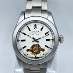 Men's Automatic Watch | White Dial Open Heart Movement | Silver Stainless Steel Chain | Tourbillon Style Pakistan