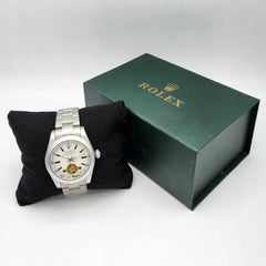 Men's Automatic Watch | White Dial Open Heart Movement | Silver Stainless Steel Chain | Tourbillon Style Pakistan