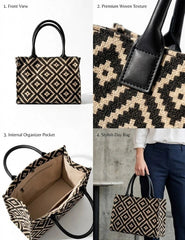 Geometric Pattern Handbag for Women – Trendy Black & Beige Tote Bag