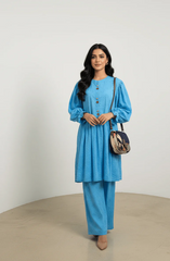 Azure Textured Co-Ord Set | Blue Long Sleeve Maxi Dress with Button Detail