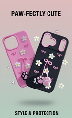 3D Cat Paw Daisy Phone Case Soft Silicone with Floral & Bow Design