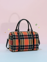 Autumn Plaid Fabric Handbag | Structured Tote with Faux Leather Accents & Detachable Strap