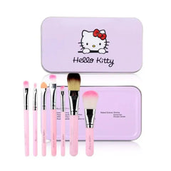 Hello Kitty 7-Piece Makeup Brush Set | Soft Pink Brushes with Purple Metal Storage Case