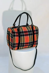 Autumn Plaid Fabric Handbag | Structured Tote with Faux Leather Accents & Detachable Strap
