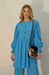 Azure Textured Co-Ord Set | Blue Long Sleeve Maxi Dress with Button Detail