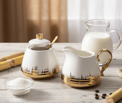 Ceramic Sugar & Milk Pot Set | Elegant White & Gold Tea Coffee Serving Set
