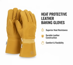 Heat Protective Leather Baking Gloves | Thick Suede | Reinforced Palm | Extended Cuff | Oven, BBQ & Grilling