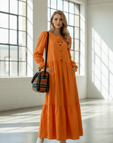 Textured Co-Ord Suit Set | Orange Maxi Dress with Button Detail & Gathered Cuffs