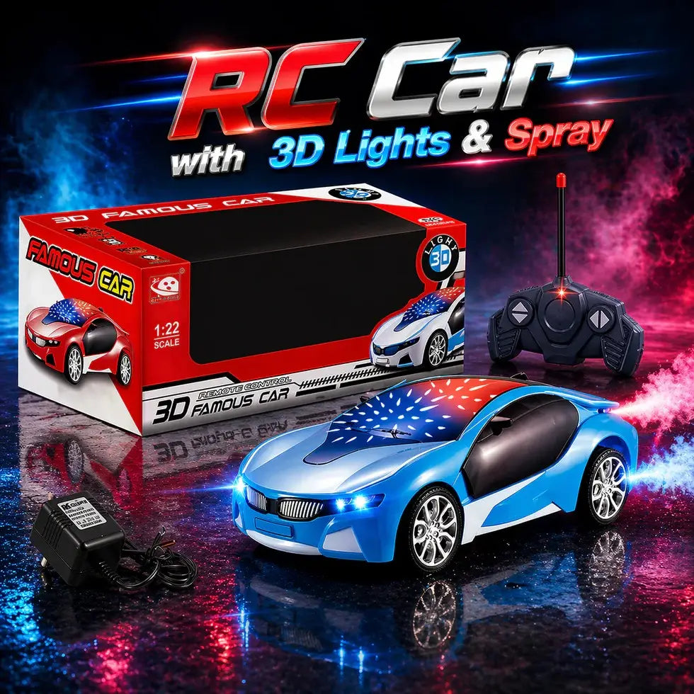 Rechargeable RC Sports Car with 3D LED Lights & Realistic Spray Effect – High-Speed Remote Control Car for Kids | Indoor & Outdoor Racing