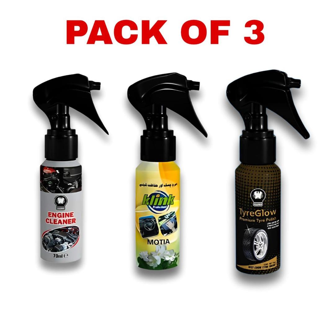 Car Care Spray Pack of 3 – Engine Cleaner, Dashboard Polish & Tire Glow | Wax Formula