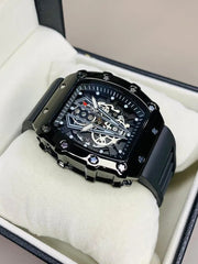 Richard Black Men's Skeleton Watch | Square Case Star Screws | Black Rubber Strap | Bold Sport Watch Pakistan