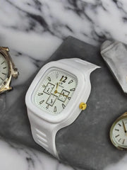 Premium Men's Analogue Watch – White & Gold Square Dial | Luxury Timepiece 2026