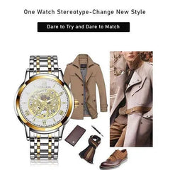 Unraion Skeleton Watch for Men | Two-Tone Gold Stainless Steel | Luxury Chain Watch Pakistan
