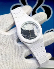 Men's White Ceramic Watch | Carbon Fiber Build | Arabic Numeral Marble Dial | Chronograph Style | Pakistan