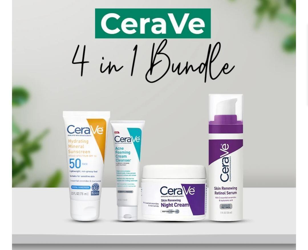 CeraVe 4-in-1 Complete Skincare Bundle – Night Cream, Retinol Serum, Sunscreen & Facial Cleanser | Daily Glow Set