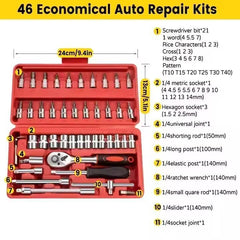 46-Piece Chrome Vanadium Tool Kit Set – Complete Home & Auto Repair Toolkit | Red Hard Case