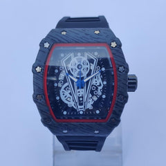 Men's Square Dial Sport Watch | Transparent Dial Red Accent | Black Rubber Strap | 38mm Quartz Watch Pakistan