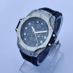 Men's Skeleton Watch | 38mm Transparent Dial | Black Rubber Strap | Stainless Steel | Quartz Water-Resistant Pakistan