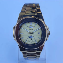 Men's Gold-Tone Watch | Moon Phase & Day-Date Display | Stainless Steel Band | Gift Box | Pakistan
