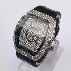Men's Luxury Rectangular Watch | Crystal-Encrusted Roman Numeral Dial | Compass Bezel | Black Leather Strap | Gift Box Pakistan