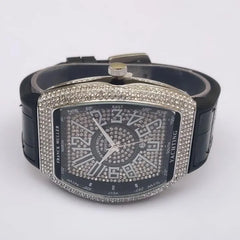 Men's Luxury Rectangular Watch | Crystal-Encrusted Roman Numeral Dial | Compass Bezel | Black Leather Strap | Gift Box Pakistan
